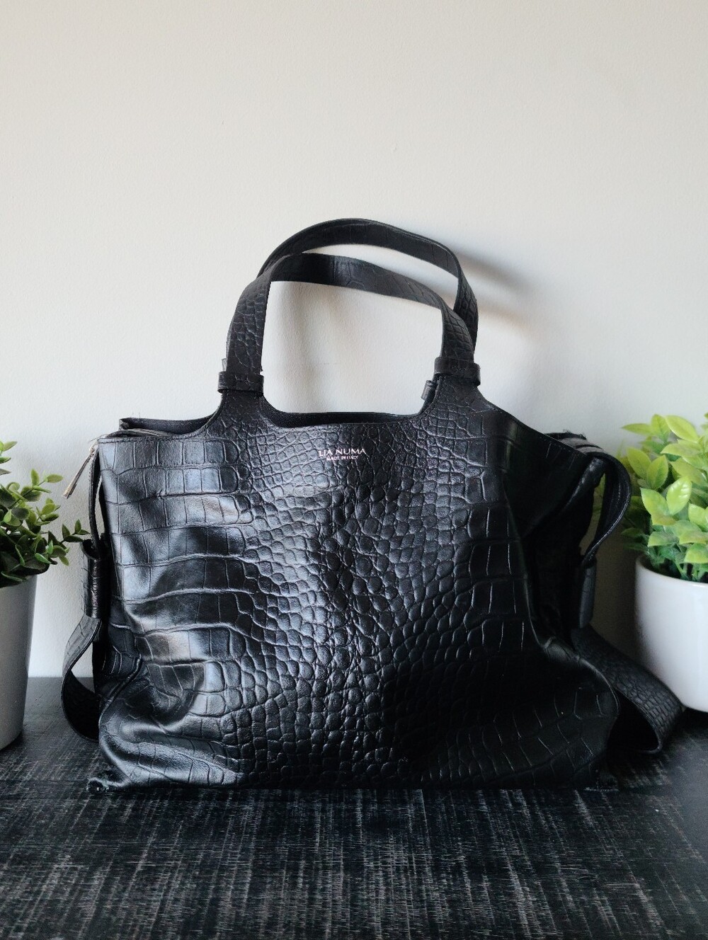 Lia Numa Black Leather Tote Handbag